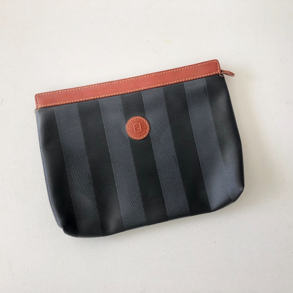 Fendi Vintage Pequin Black Striped Zipper Clutch
